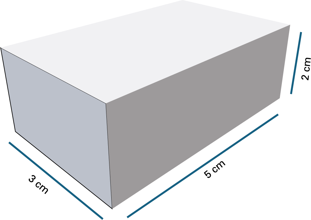 Représentation d’un cube, sa largeur est de 3 centimètres, sa longueur est de 5 centimètres et sa hauteur est de 2 centimètres.