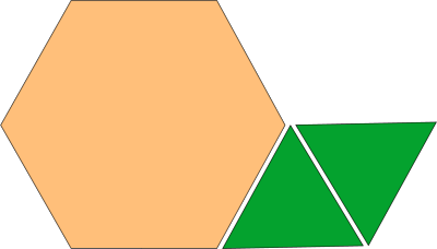 Un hexagone orange et 2 triangles verts adjacents.