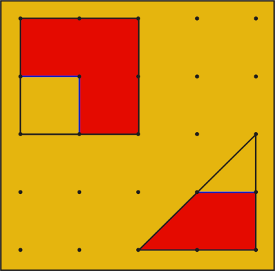 Sur un Géoplan sont formés un rectangle et un triangle rectangle. Avec un trait bleu, une portion de chacune des formes est délimitée. L’espace non délimité est en rouge.